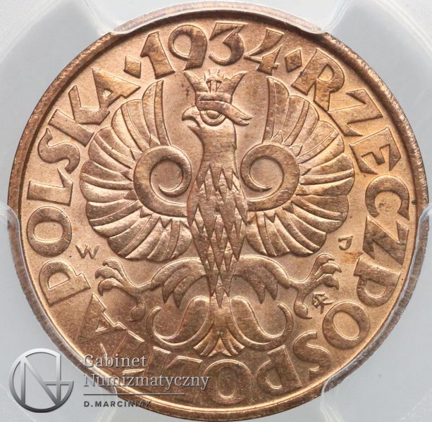 Awers oryginału 5 groszy 1934 w slabie PCGS
