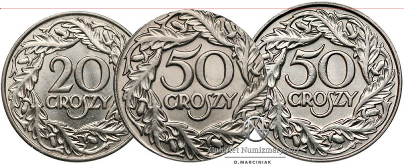 Porównanie destruktu 50 groszy 1923 z oryginalnymi 20 i 50 groszy 1923